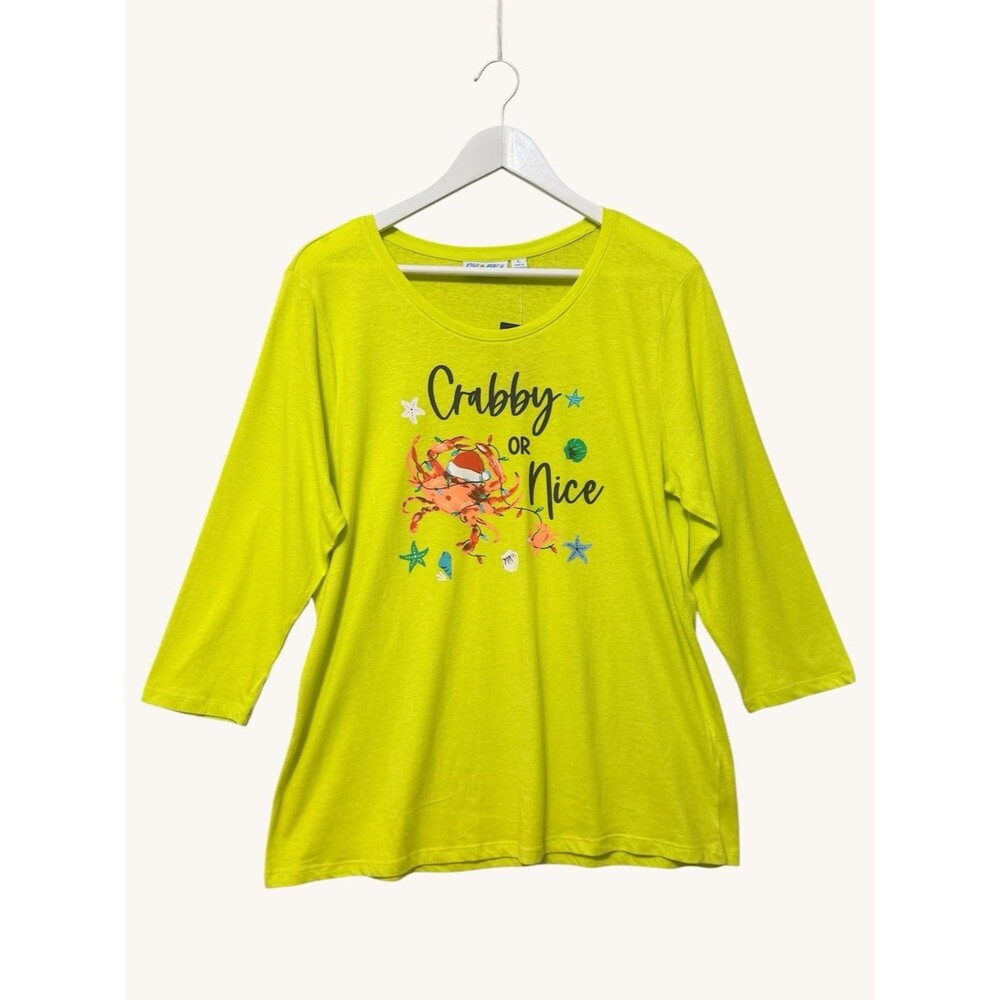 Kiwi Fresh Festive Beachy Holiday Tee NWT Large 3/4 Sleeve Yellow Green V-Neck